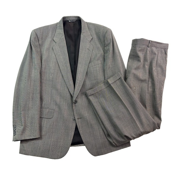 vtg Halston 48L 40x30 Gray Black Glen Plaid 2pc Pant Suit USA 100% Wool Pleated